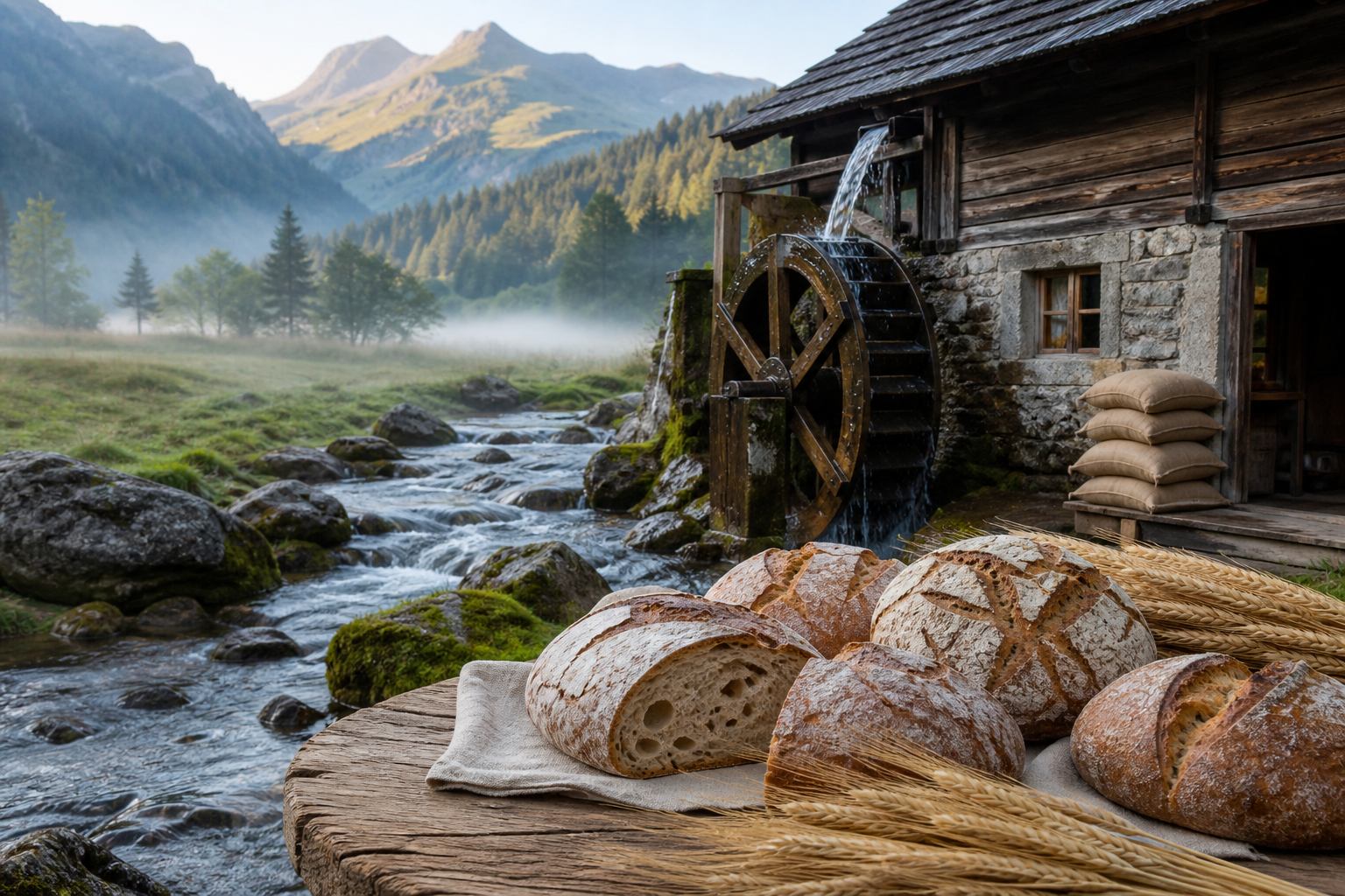 Holzmühle am Bach mit Getreidesäcken und frischem Brot auf Eichentisch im Morgenlicht
