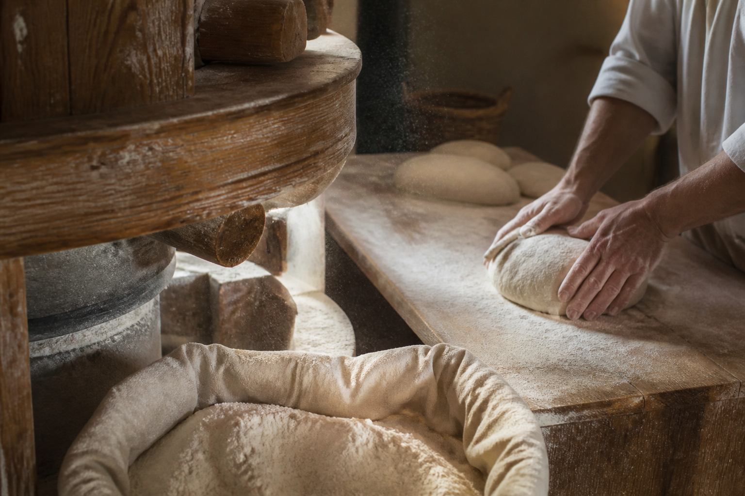 Holzmühle, Mehlsäcke und frischer Teig im Arbeitslicht