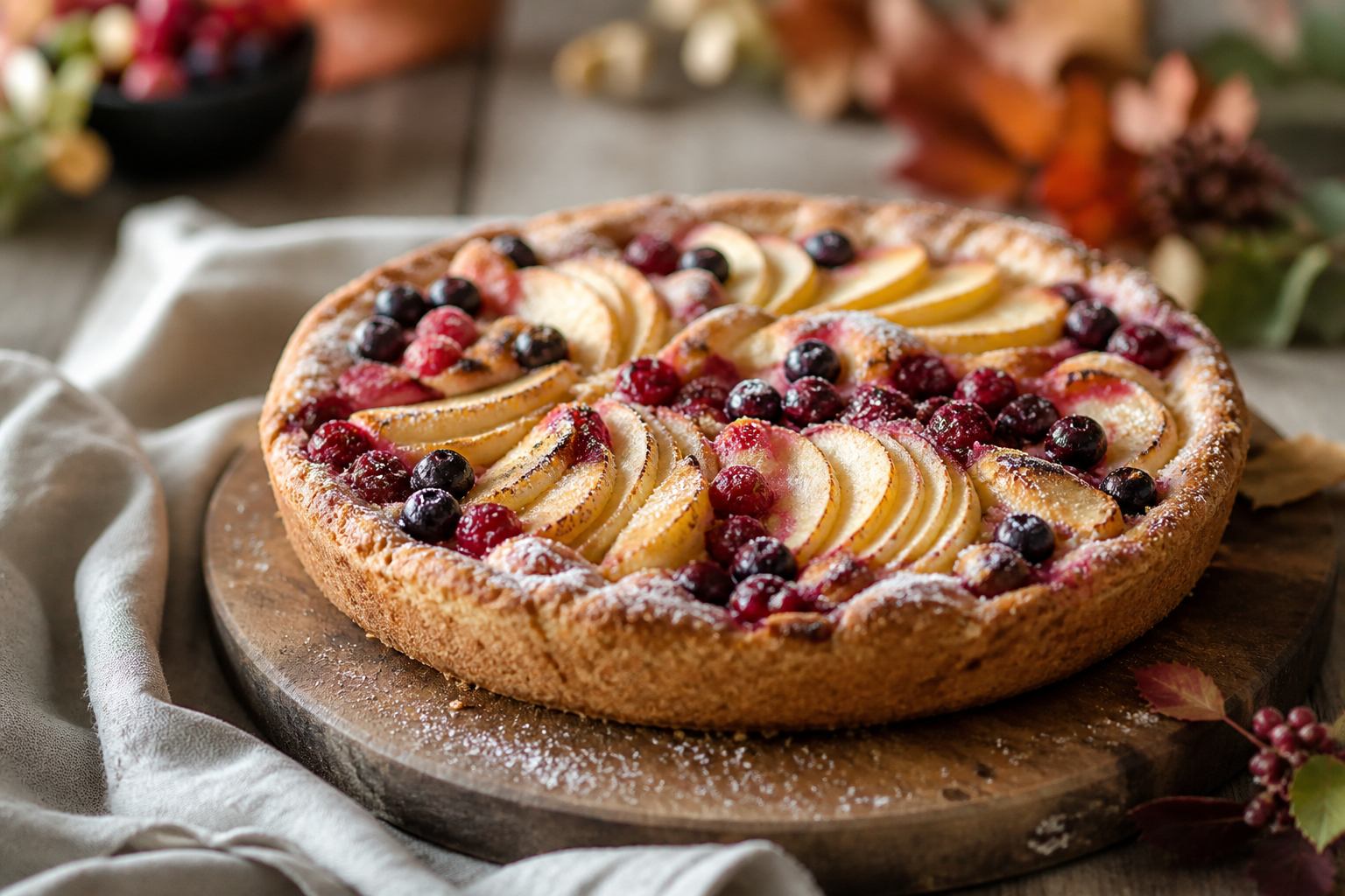 Saisonale Tarte mit Beeren und Apfel neben Leinen und Holztisch