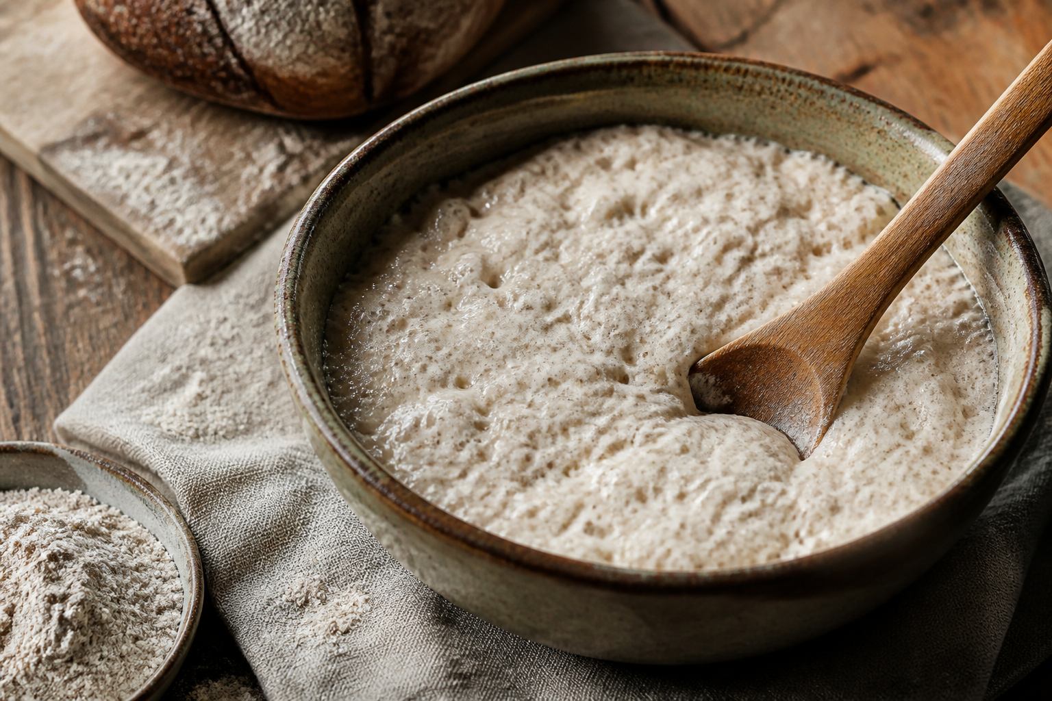 Sauerteig in einer Schüssel neben Mehl und Holzlöffel